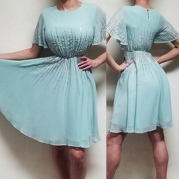 ASOS Sage Green Chiffon Sequin Flutter Sleeve Keyhole A-line Formal Dress 2 - Picture 1 of 16